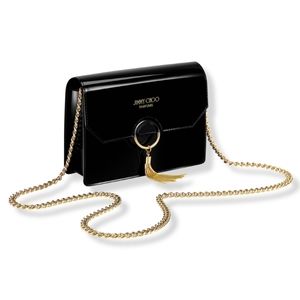 NEW Jimmy Choo Black Faux Patent Leather Clutch Evening Bag Purse Gold Hardware